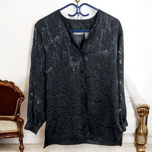👛2/$15 TAN JAY Collarless Black Brocade Blouse Lined but Sheer Sleeves